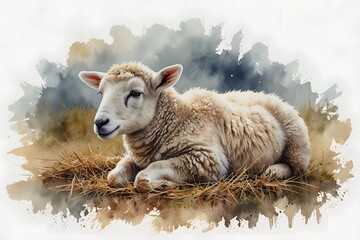 A sleepy lamb resting on hay