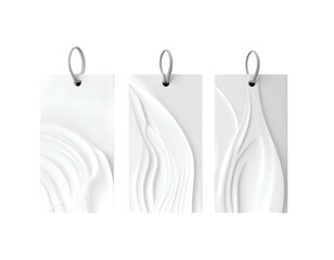 Three white rectangular tags with textured, flowing, white surfaces