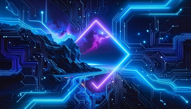 Futuristic cyberpunk cityscape with neon-lit skyscrapers, glowing grid streets, and vertical light beams under dark sky - Powered by Adobe