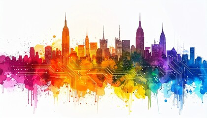 Colorful watercolor city skyline with iconic buildings and abstract circuit patterns blending urban and digital themes