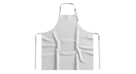 Isolated close-up of a plain white apron with a neck loop and pocket
