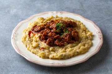 Turkish Food Hunkar Begendi made with Eggplant and Meat.