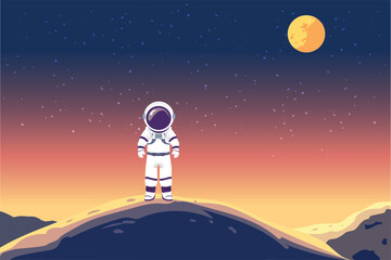 Vector astronaut standing alone on alien planet on a distant planet under a starry sky, symbolizing exploration