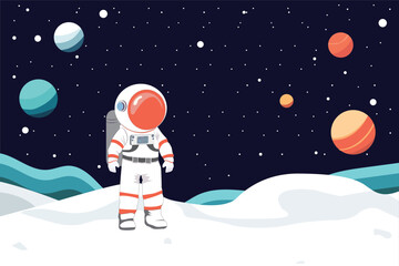 Vector astronauts on space exploration the galaxy in dark sky filled with twinkling stars and colorful orbiting planets