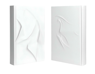 Two white, rectangular objects with textural patterns; front and side views