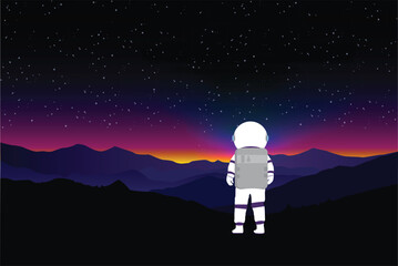 Vector image of an astronaut gazing at the stars at dusk over a mountain range, horizon glows with the final colors of the setting sun