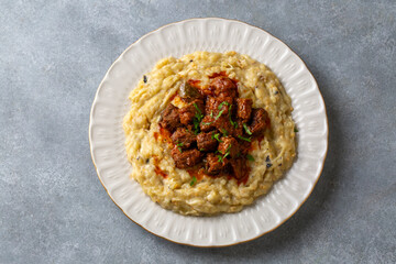 Turkish Food Hunkar Begendi made with Eggplant and Meat.