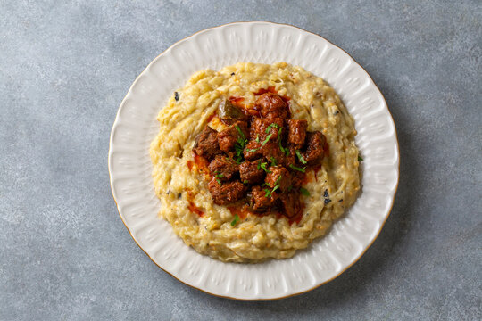 Turkish Food Hunkar Begendi made with Eggplant and Meat.