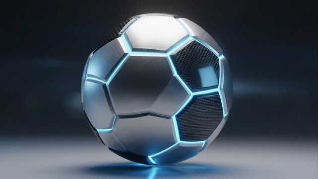 Futuristic soccer ball with glowing hexagon pattern in dark environment