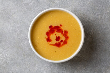 Traditional delicious Turkish foods; Red lentil soup (Turkish name; Mercimek corbasi)