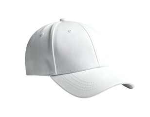 A clean, white baseball cap isolated against a dark backdrop