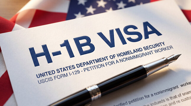 H-1B Visa Document: This image showcases an official H-1B visa application form, symbolizing opportunities for nonimmigrant worker within a country's boundaries. A pen rests atop the document.