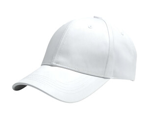 A plain white cap, showing the front and side, with a curved bill