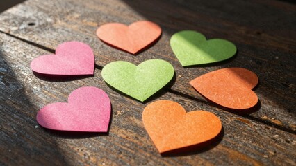 Obraz premium Colorful paper hearts on rustic wooden table