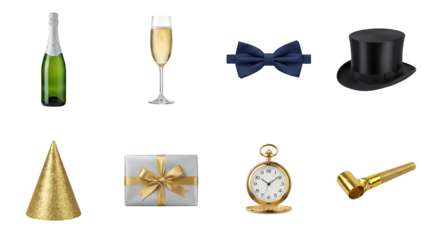 New years eve celebration set including champagne, top hat, bow tie, party hat, gift, pocket watch, and blower isolated. Holiday and party accessories collection.