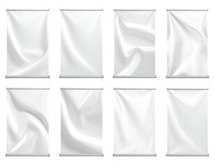 Eight white blank vertical banners, fabric textures, slight variations