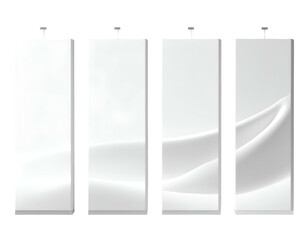 Four vertical white display stands, with subtle variations of a white curve