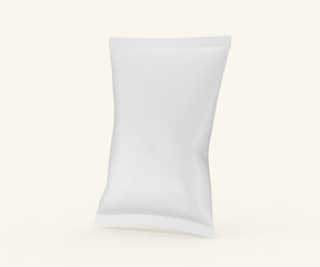Blank white flexible plastic snack pouch mockup standing on a light background. 3d illustration