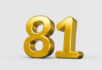 Golden metallic 3D number 81 with smooth polished reflective glow. 3d illustration