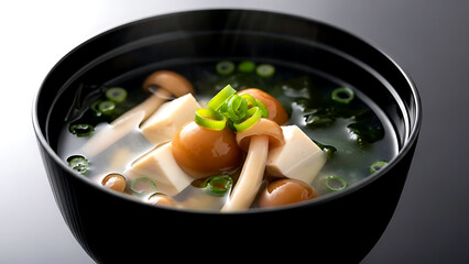 haute cuisine. authentic Japanese nameko miso soup, the glossy, gelatinous nameko mushrooms, cubed tofu floating in a clear dashi broth with scallions, seaweed 