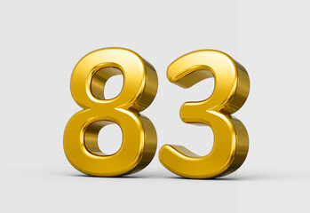 Golden metallic 3D number 83 with polished luminous reflective finish. 3d illustration