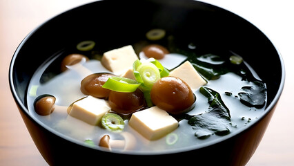 haute cuisine. authentic Japanese nameko miso soup, the glossy, gelatinous nameko mushrooms, cubed tofu floating in a clear dashi broth with scallions, seaweed 