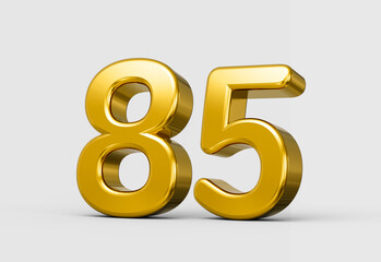 Golden metallic 3D number 85 with smooth polished golden glow. 3d illustration