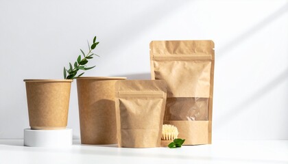 Kraft paper eco-packaging recyclable cups and pouches on white with natural light and green details, highlighting sustainable solutions