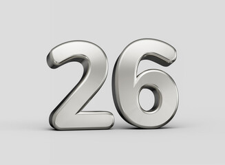 Clean gray 3D number 26 designed with smooth contours and subtle modern lighting. 3D illustration.