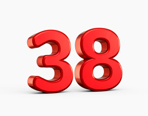 Shiny red three dimensional number 38 with soft shadows and contemporary style. 3d illustration