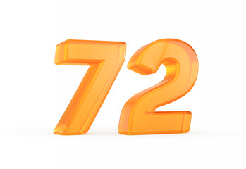 Vivid orange number 72 with a bright reflective surface and smooth texture. 3D illustration.