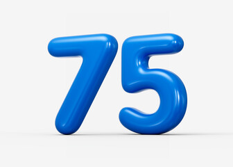 Glossy blue 3D number 75 with reflective polished design and sleek curves. 3d illustration