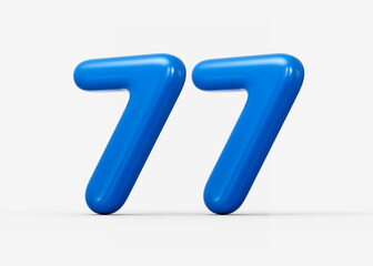 Glossy blue 3D number 77 featuring angular reflective design and shine. 3d illustration