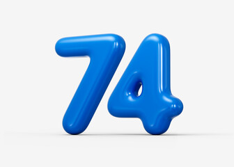 Smooth blue 3D number 74 styled with polished edges and glossy highlights. 3d illustration