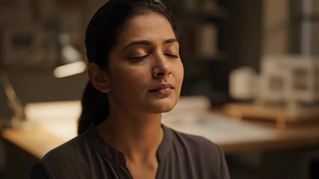 Woman meditating with eyes closed in a serene office environment
