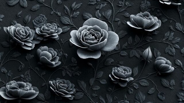 Dark ornamental floral relief art with sculpted roses and leaves creating elegant texture and depth for luxury branding backgrounds packaging layouts and sophisticated decorative design proj
