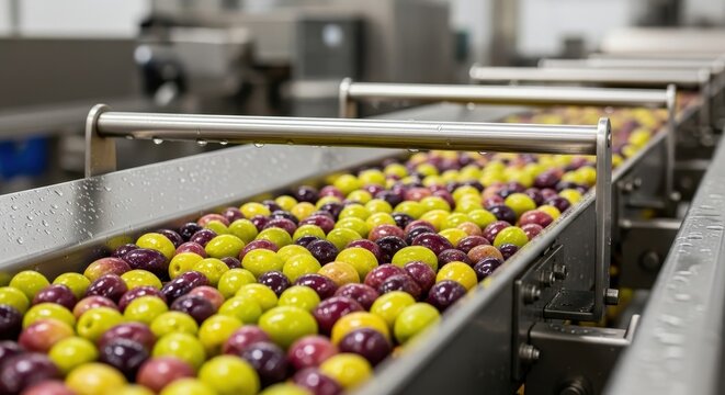 Fresh olives being sorted and processed on a factory conveyor belt during industrial production - Powered by Adobe