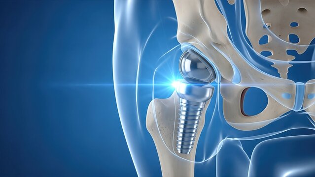 Detailed 3D illustration of a human hip joint with a prosthetic implant, showcasing the intricate design and functionality of modern orthopedic solutions for joint replacement