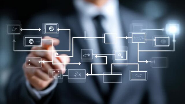 Businessman interacting with digital workflow or process flowchart on futuristic interface, 4k video