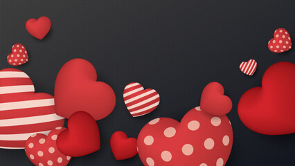 Heart balloons many designs floated with bond paper texture black color background have blank space.