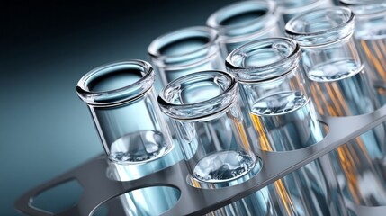 In a well-lit laboratory, an array of pristine glass test tubes stands in a metallic holder. Each tube is filled with clear liquid, reflecting light and waiting for experiments and discoveries