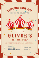 Classic circus carnival invite for a boy's 1st birthday. Features vintage red big top tents and a striped background. Perfect template for a fun and happy children's celebration event. © Uliya