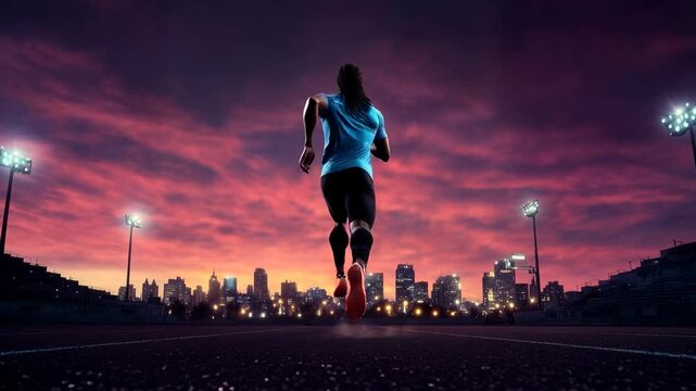 A lone runner trains on a stadium track under dramatic evening clouds and floodlights expressing discipline endurance focus and determination perfect for sports commercials training montages