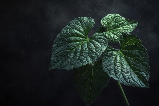 Fresh green shiso perilla frutescens oba leaves illuminated against a dark background showcasing their unique texture and vibrant color