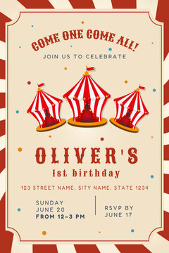 Classic circus carnival invite for a boy's 1st birthday. Features vintage red big top tents and a striped background. Perfect template for a fun and happy children's celebration event.