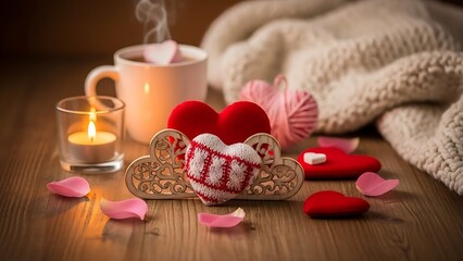 Cozy Valentine's Day ambiance with steaming hot drink, candle light, rose petals and heart decorations for a romantic celebration
