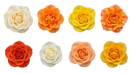 Obraz premium Rose flower head set including white, orange, yellow, and peach blossoms isolated. Floral botanical collection for wedding and romantic design.