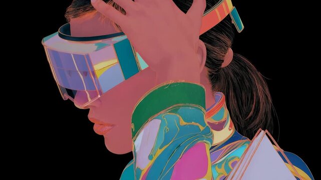 A close futuristic portrait of a woman adjusting her virtual reality visor in vivid colors highlights immersive experiences innovation augmented reality gaming and cutting edge digital culture for tec