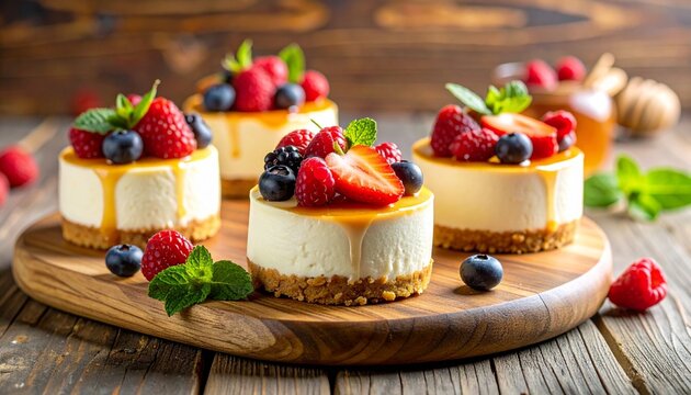 Delicious Mini Cheesecakes with Fresh Berries and Caramel Drizzle on Wooden Board.