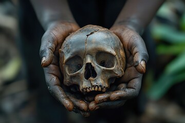 Closeup of African child holding a skull in hands, highlighting a tragic story of loss and historic significance in a somber setting, evoking deep emotions and reflections